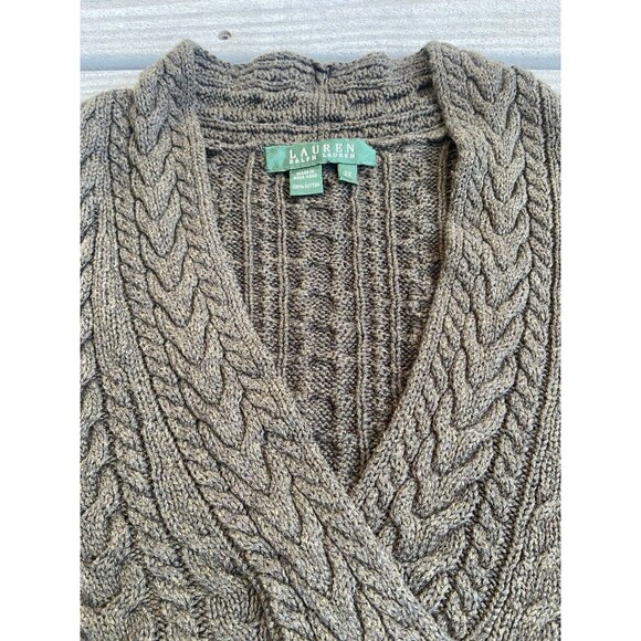 Ralph Lauren Sweater Womens 2X Green Cable Knit V-Neck Fisherman Preppy Cotton - Picture 2 of 16